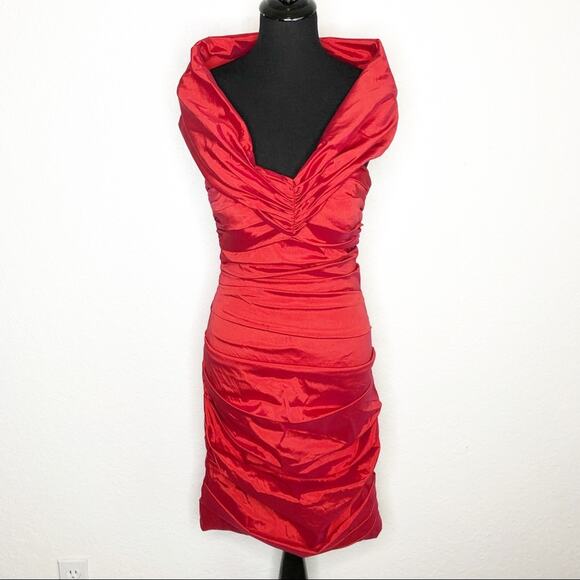 Theia red rutched shoulder wrap formal sheath dress size 6 - Picture 1 of 16